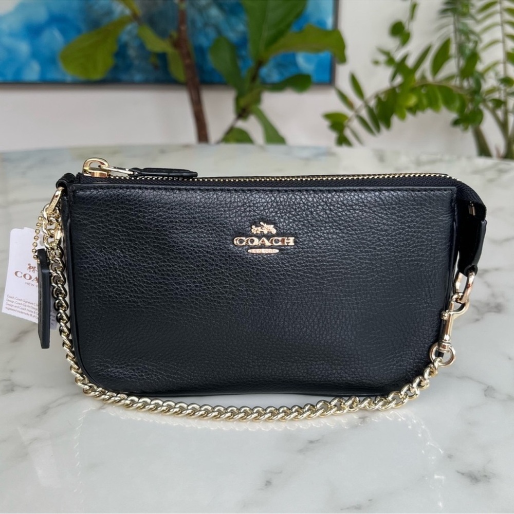 NWT Coach Large Nolita Wristlet 19 in Black Pebble Leather Gold Chain F53340
